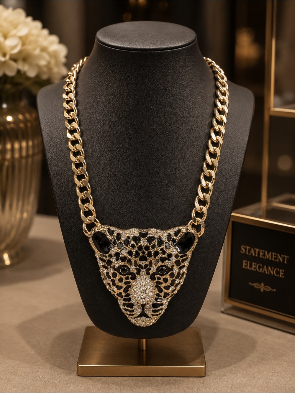 Gold Leopard Statement Necklace with Black and Clear Stones